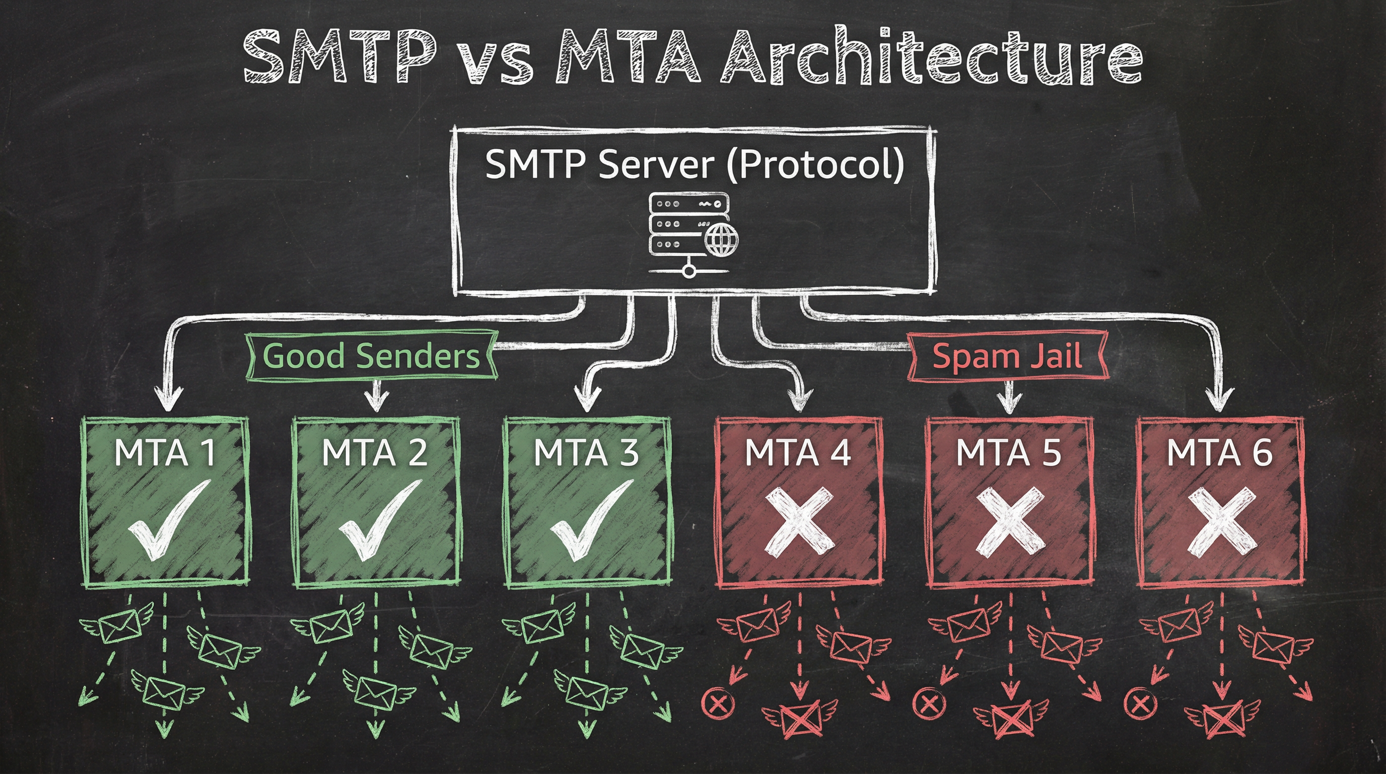 SMTP vs MTA Architecture: One SMTP server with multiple MTAs split between Good Senders and Spam Jail