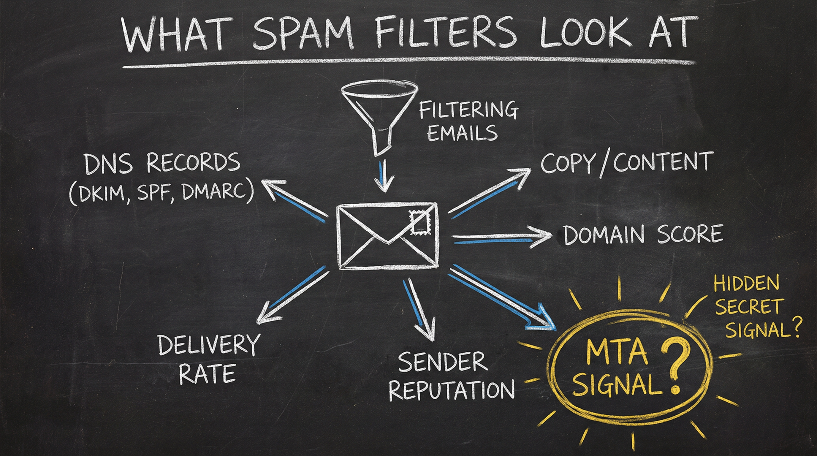 What spam filters look at: DNS Records, Copy/Content, Domain Score, Delivery Rate, Sender Reputation, and the hidden MTA Signal