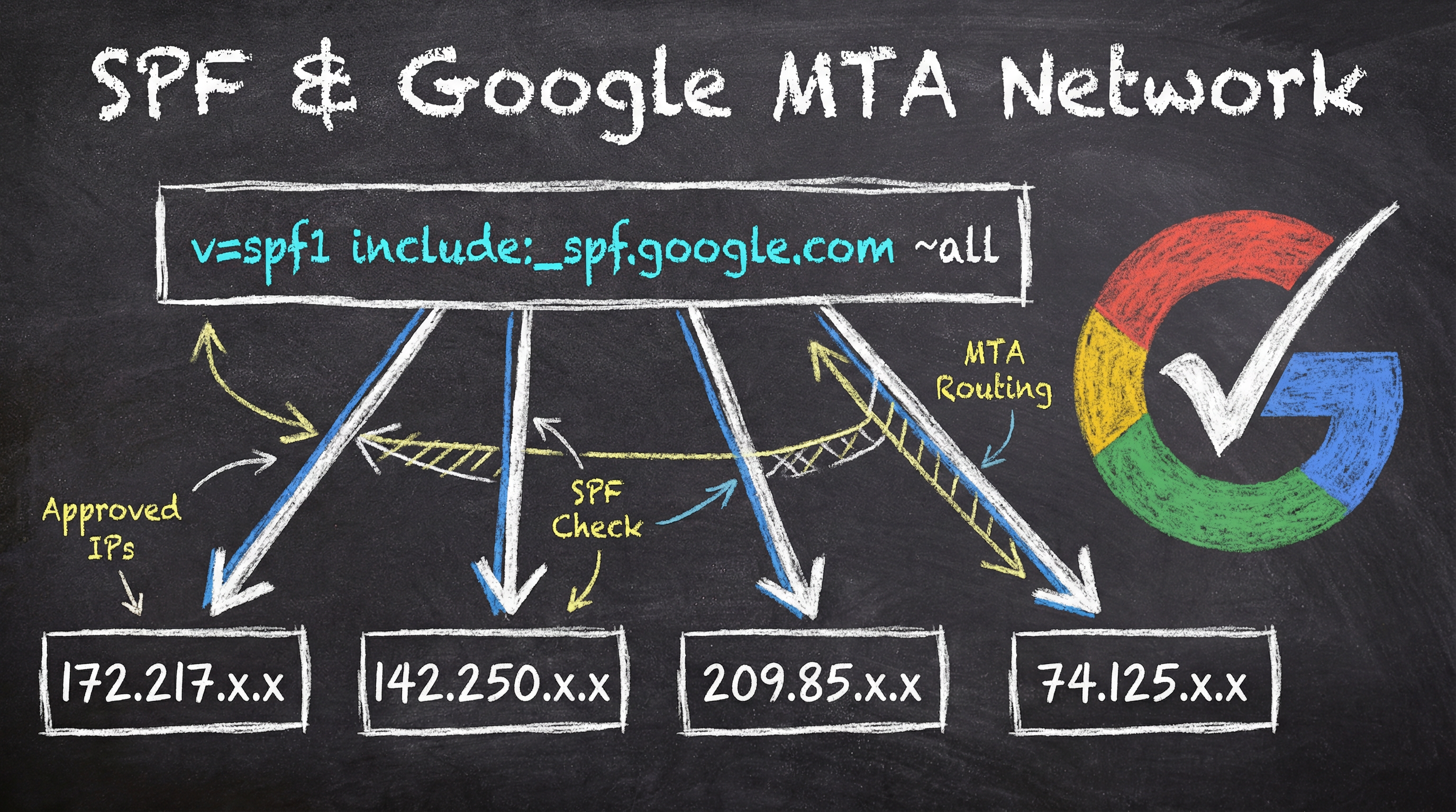 SPF & Google MTA Network: SPF record routing to multiple IP ranges with MTA routing and SPF checks